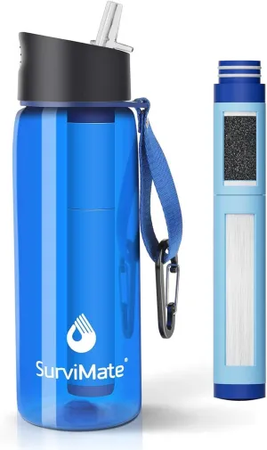 SurviMate 5-Stage 0.01m Ultra-Filtration Filtered Water Bottle, BPA-Free Material, NSF/ANSI 42&372 Certified, Portable Water Filter Bottle for Survival, Camping, Hiking, and Emergency Use