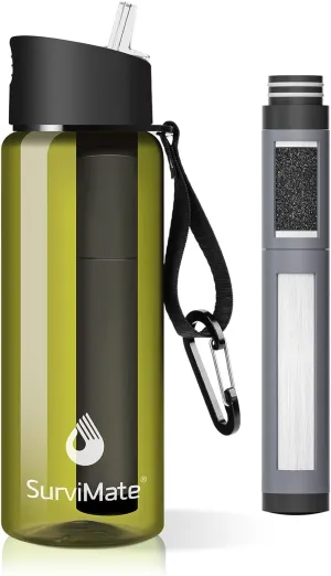 SurviMate 5-Stage 0.01m Ultra-Filtration Filtered Water Bottle, BPA-Free Material, NSF/ANSI 42&372 Certified, Portable Water Filter Bottle for Survival, Camping, Hiking, and Emergency Use