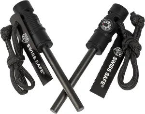 Swiss Safe 5-in-1 Magnesium Ferro Rod Fire Starter Survival Tool - Flint & Steel Striker, Compass, Paracord & Whistle - Emergency Kit for Backpacking, Camping, Hiking - All-Weather