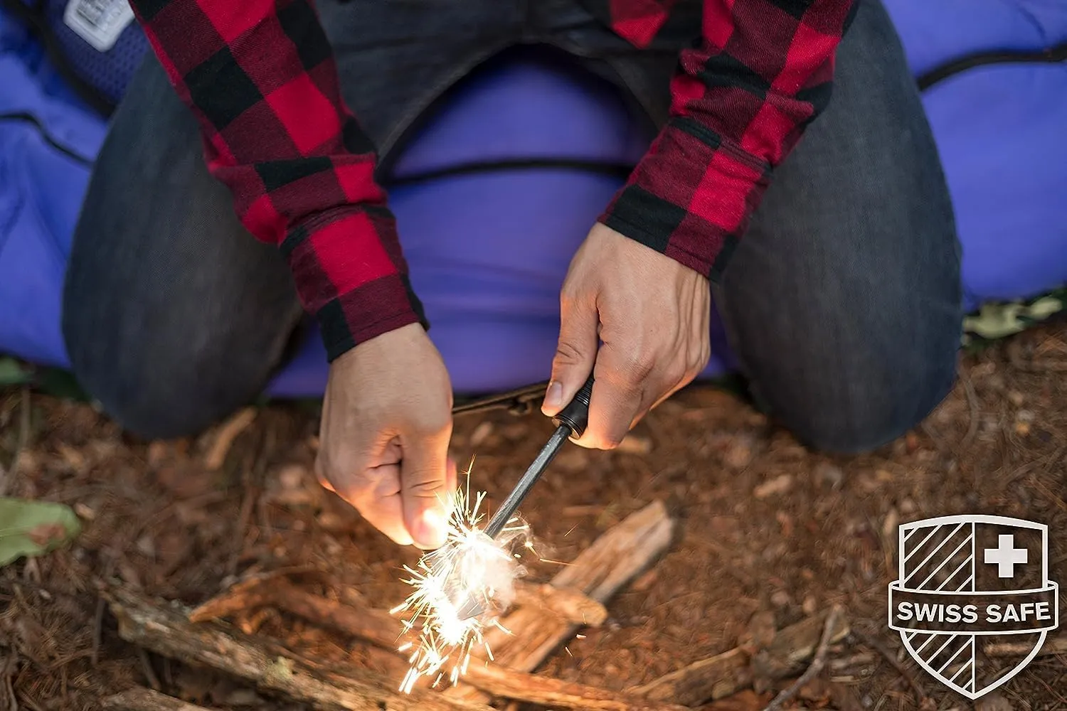 Swiss Safe 5-in-1 Magnesium Ferro Rod Fire Starter Survival Tool - Flint & Steel Striker, Compass, Paracord & Whistle - Emergency Kit for Backpacking, Camping, Hiking - All-Weather