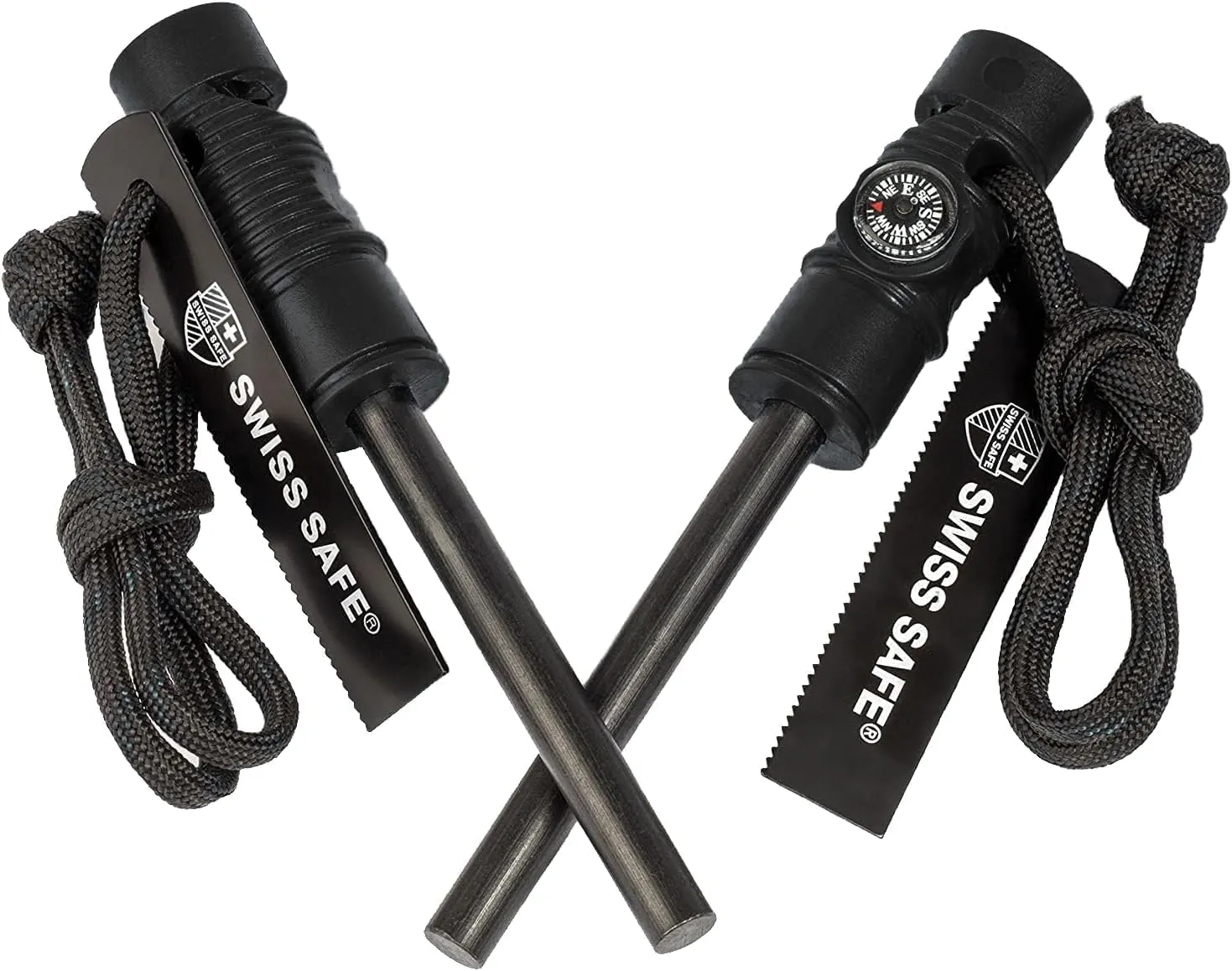 Swiss Safe 5-in-1 Magnesium Ferro Rod Fire Starter Survival Tool - Flint & Steel Striker, Compass, Paracord & Whistle - Emergency Kit for Backpacking, Camping, Hiking - All-Weather