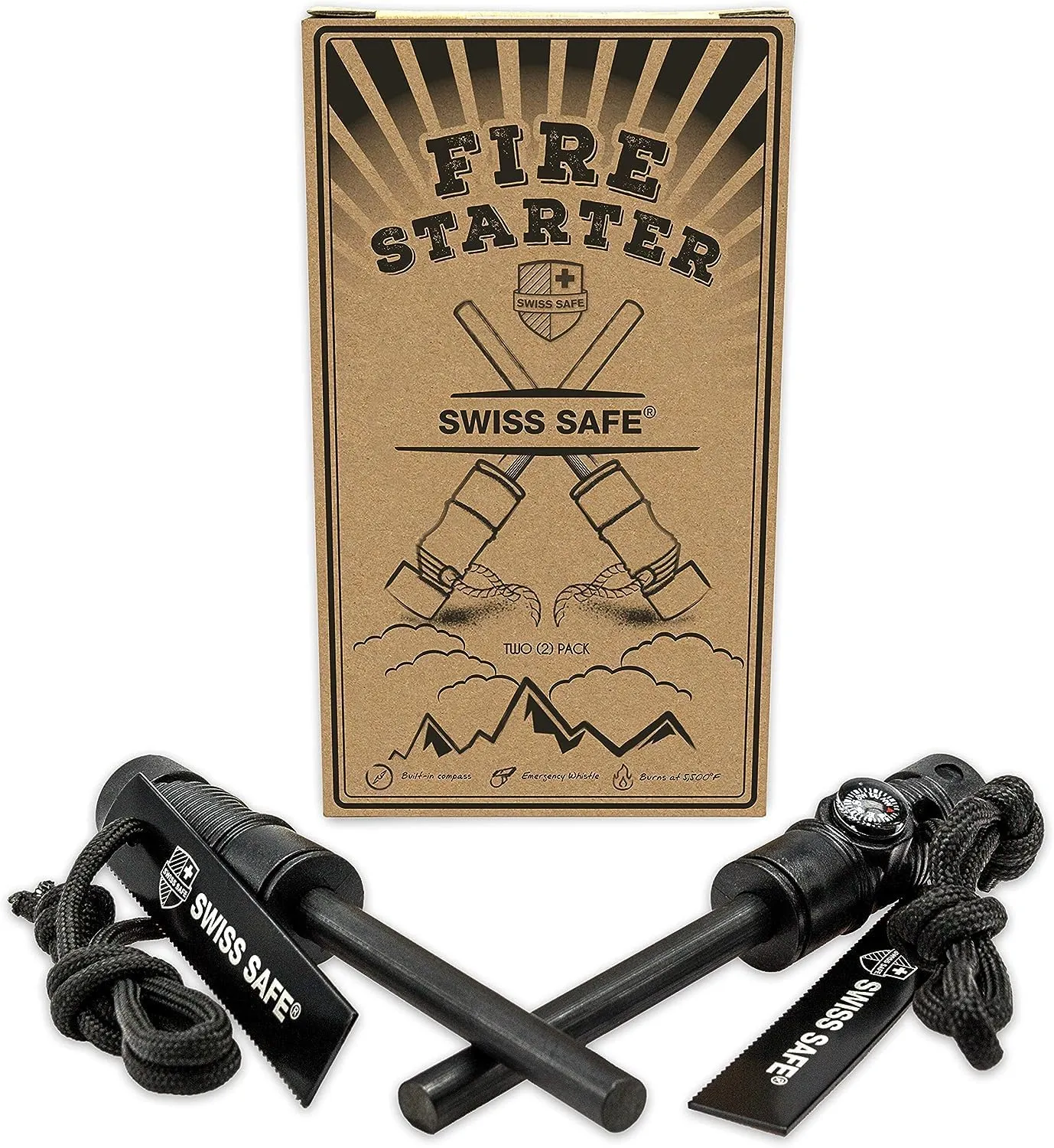 Swiss Safe 5-in-1 Magnesium Ferro Rod Fire Starter Survival Tool - Flint & Steel Striker, Compass, Paracord & Whistle - Emergency Kit for Backpacking, Camping, Hiking - All-Weather