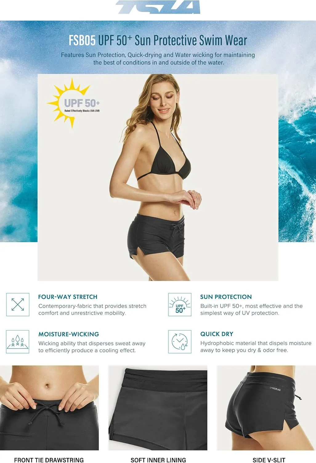 TSLA Women's Swim Shorts, Quick Dry Water Beach Board Short, Tankini Bathing Athletic Swimsuit Bottoms